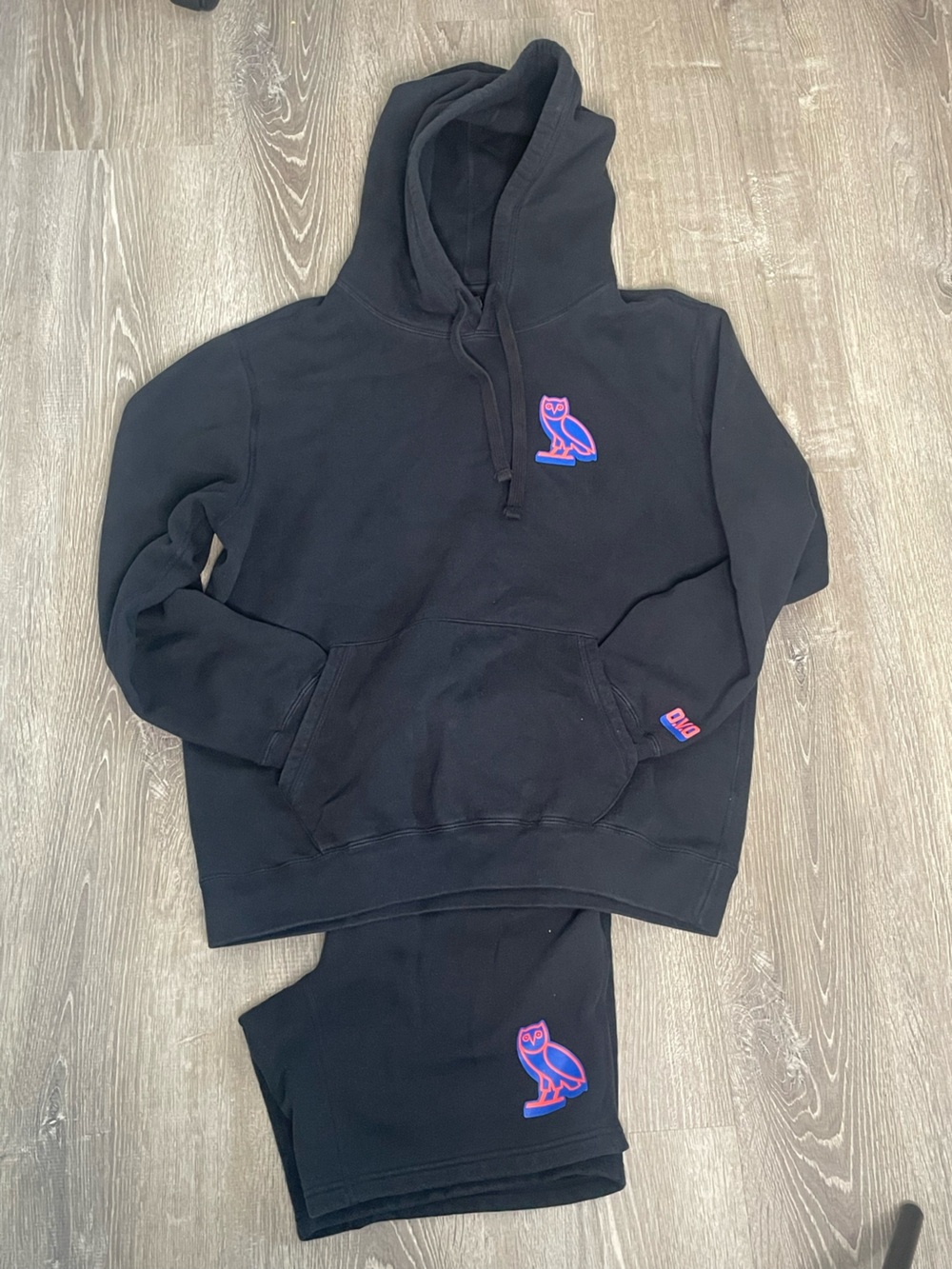 OVO Black Hoodie and Sweatshorts with Orange and Blue Owl Logo